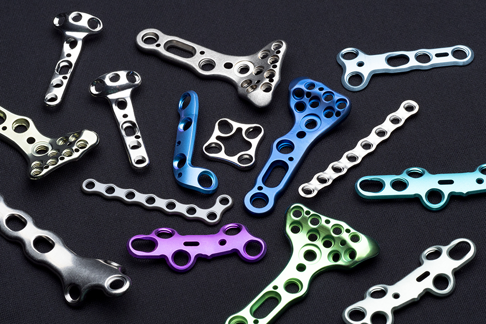 various colorful orthopedic surgical implant parts
